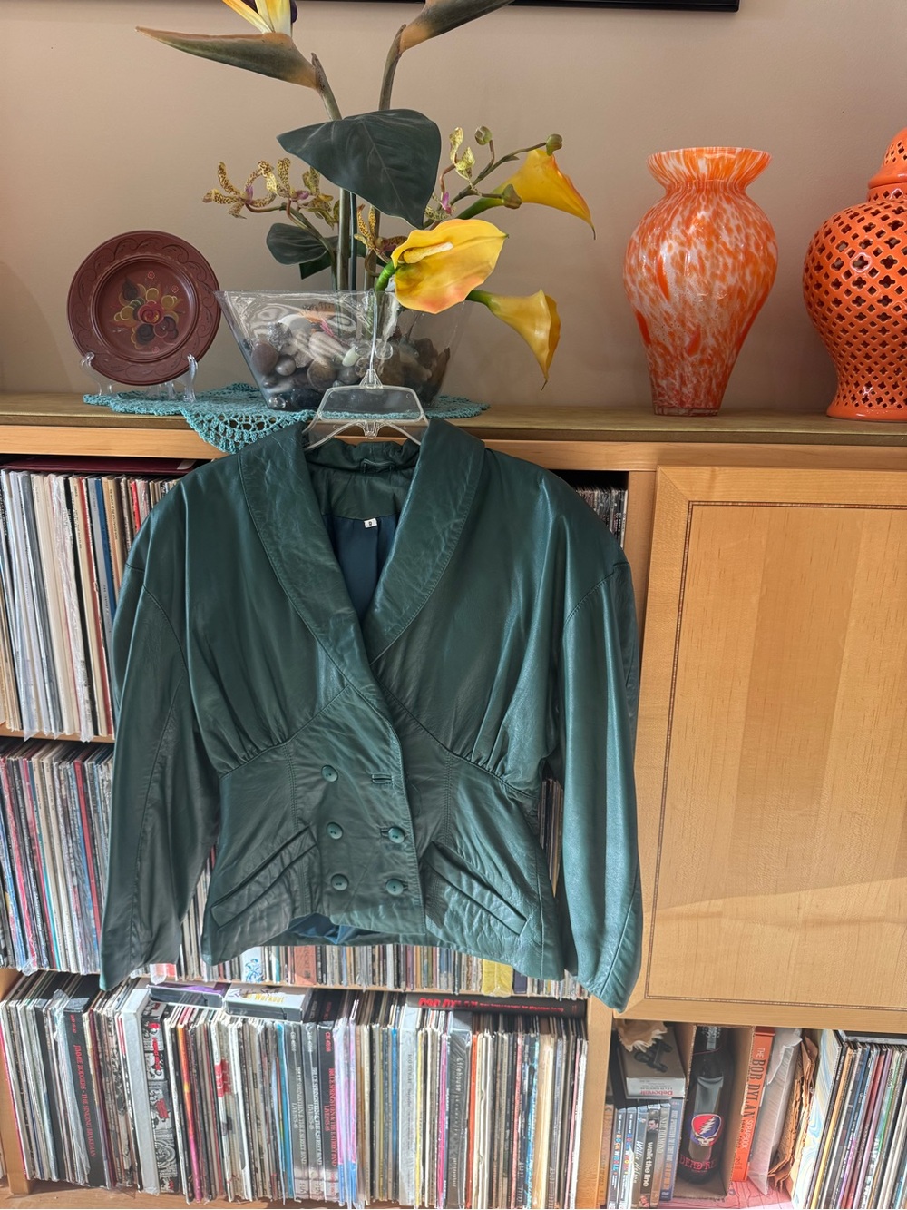 PRICE DROP: VTG 80s NW/OT, CEDARS, lined, EMERALD GREEN LEATHER Double-breasted